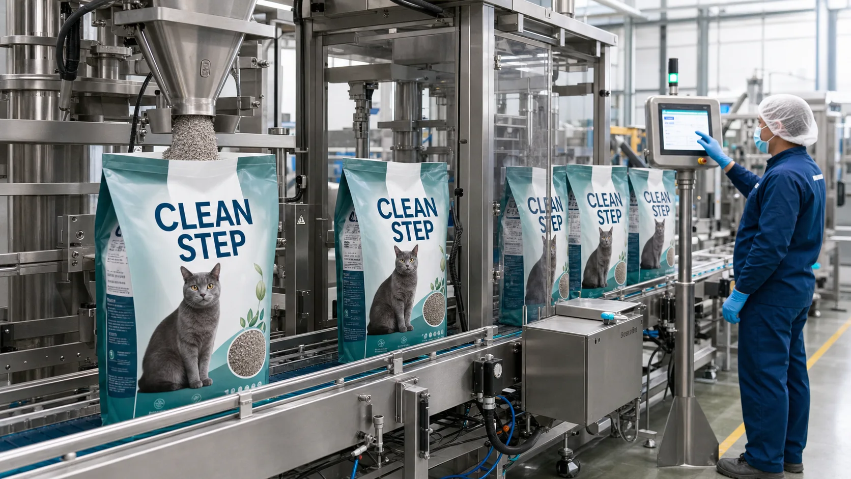 Clean Step cat litter being filled and packed on an automated production line