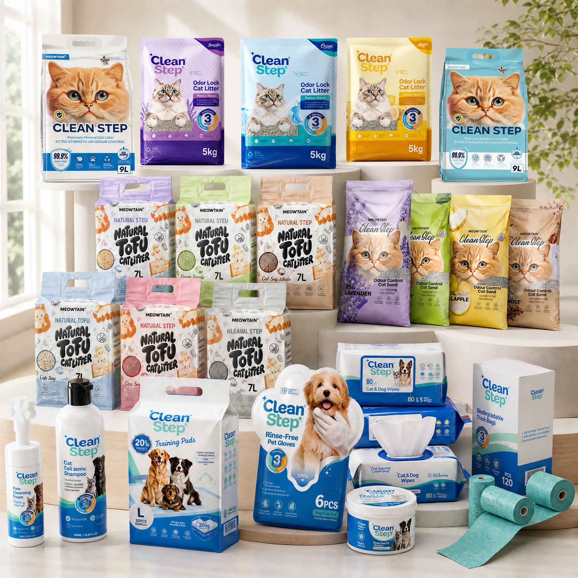 Clean Step cat litter product family including bentonite, tofu and crystal cat litter