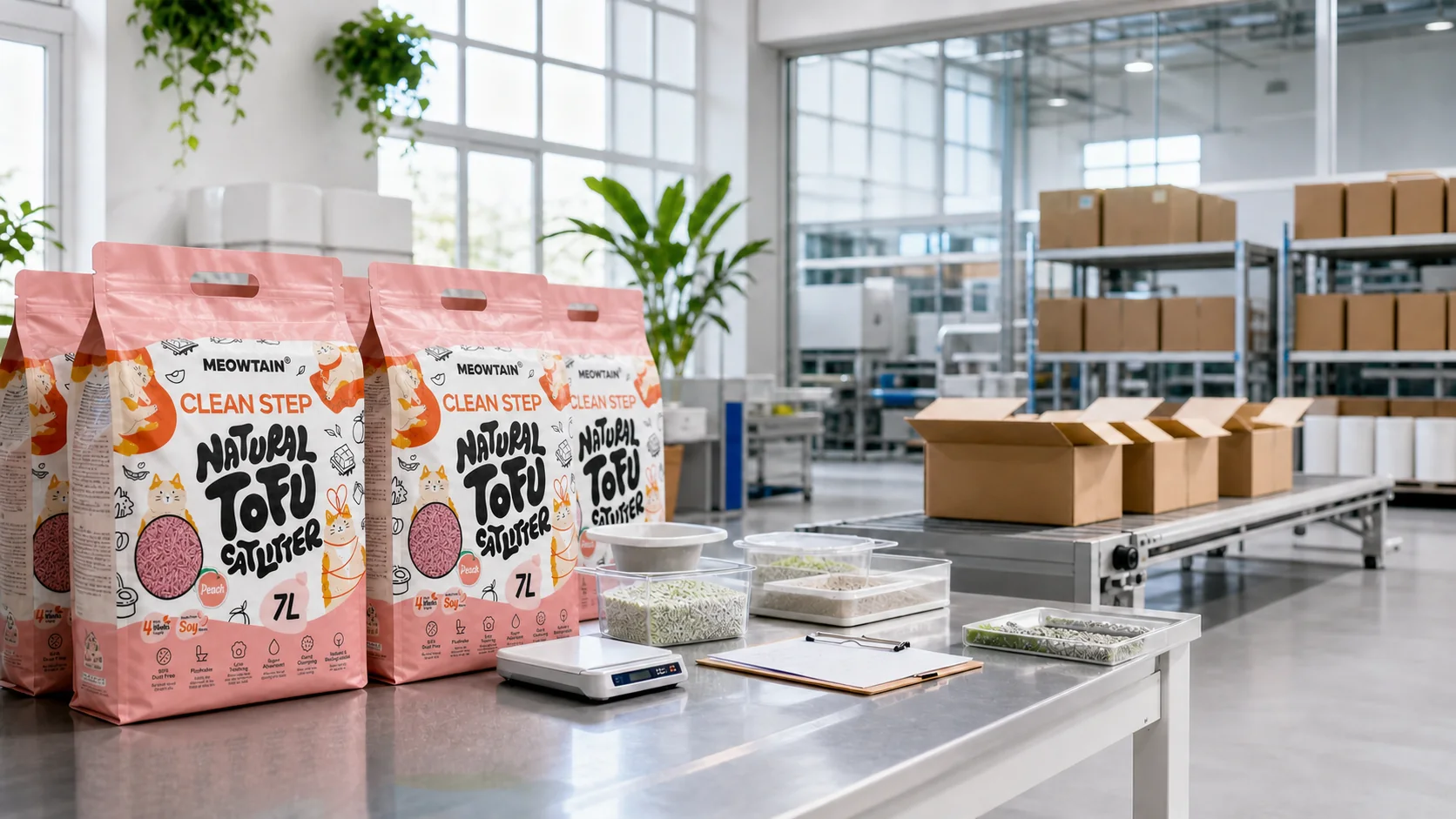 Cleanstep tofu cat litter packaging and quality control workspace