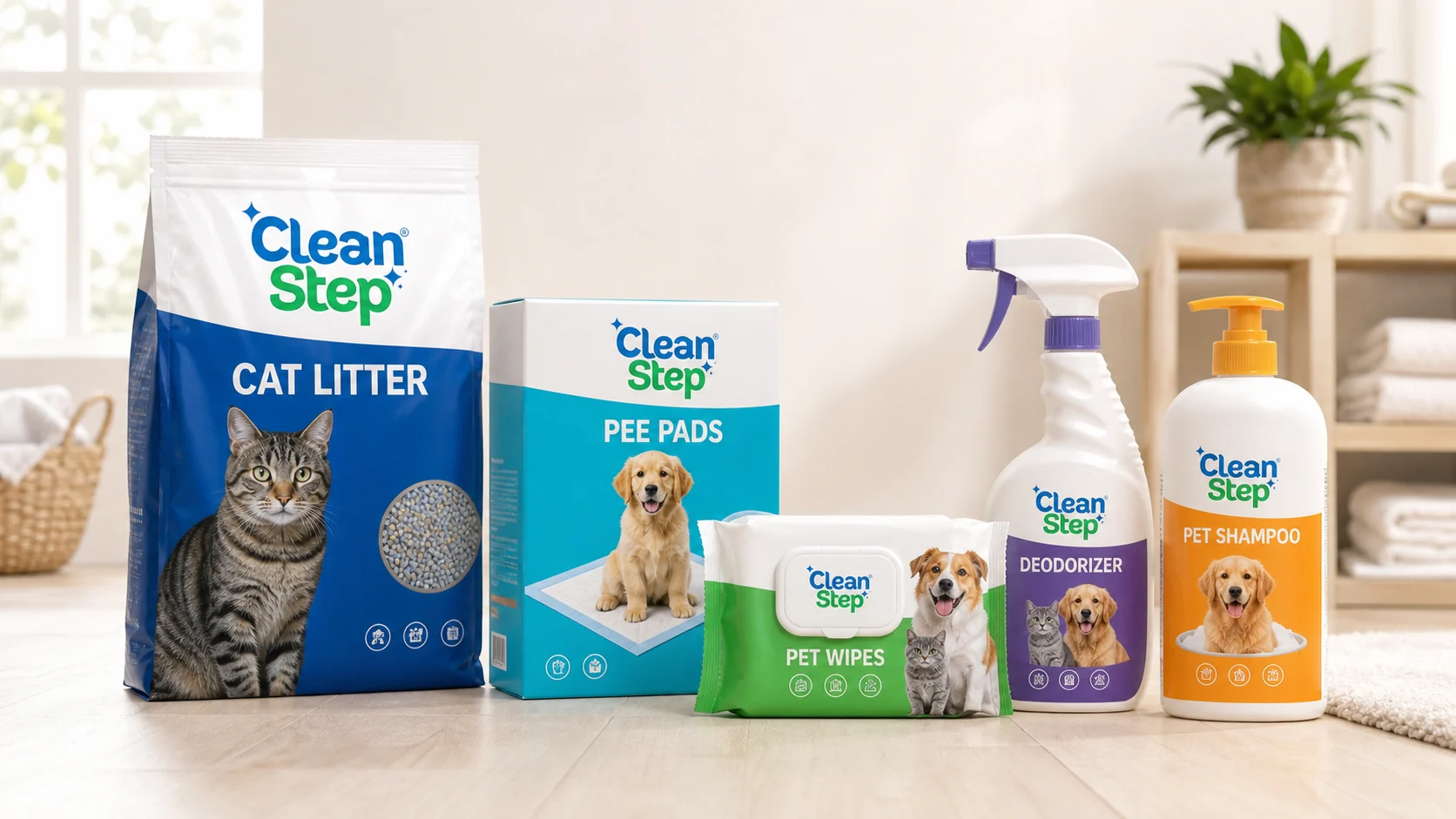 Cleanstep cat litter, pee pads, pet wipes, deodorizer and pet shampoo product range for importers