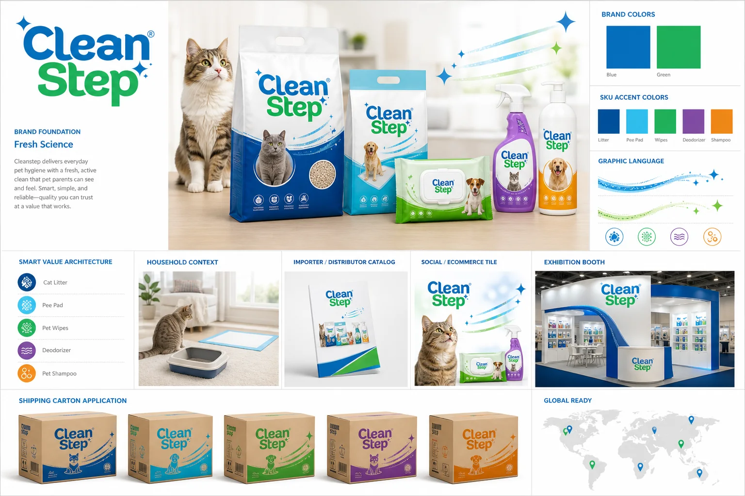 Cleanstep brand identity, packaging, logistics and exhibition system